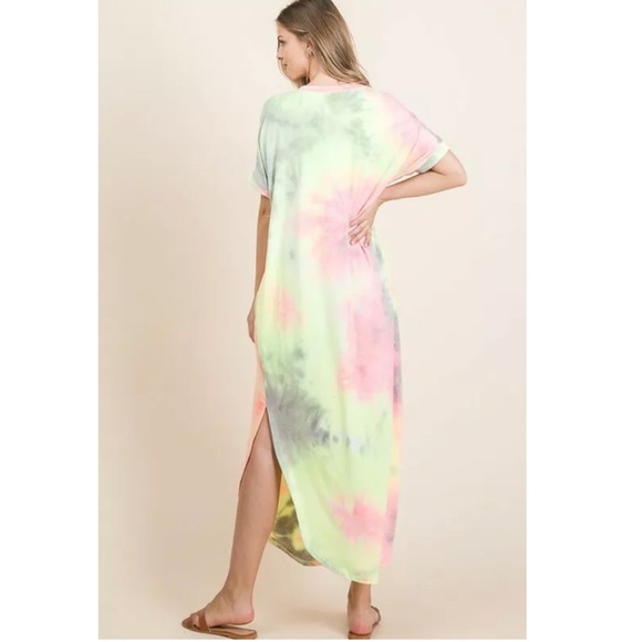 SOLD OUT CLEARANCE Neon Tie Dye Pocket Short Sleeve Long Maxi Dress - Picture 6 of 7